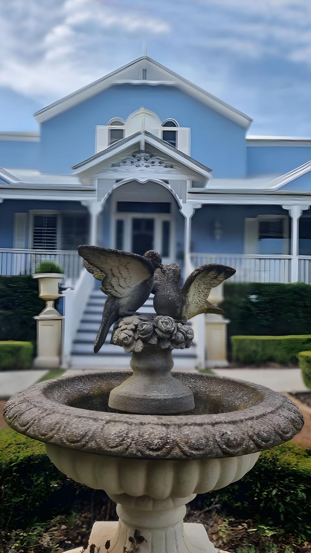 Blue weatherboard house with white trim behind a stone bird bath